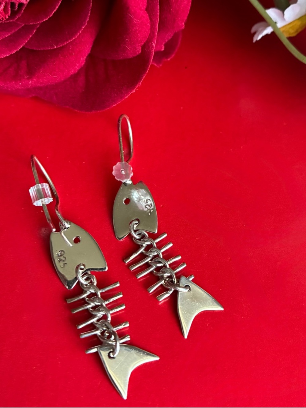 925 Sterling Silver Fishbone Dangle Earrings - Silver